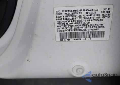 2012 Honda Pilot Touring z USA, uszkodzony, nr VIN 5FNYF3H99CB007637